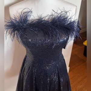 City Studio Navy Sequined Strapless Dress w/ Feathers NWT Size 7/8 party fling